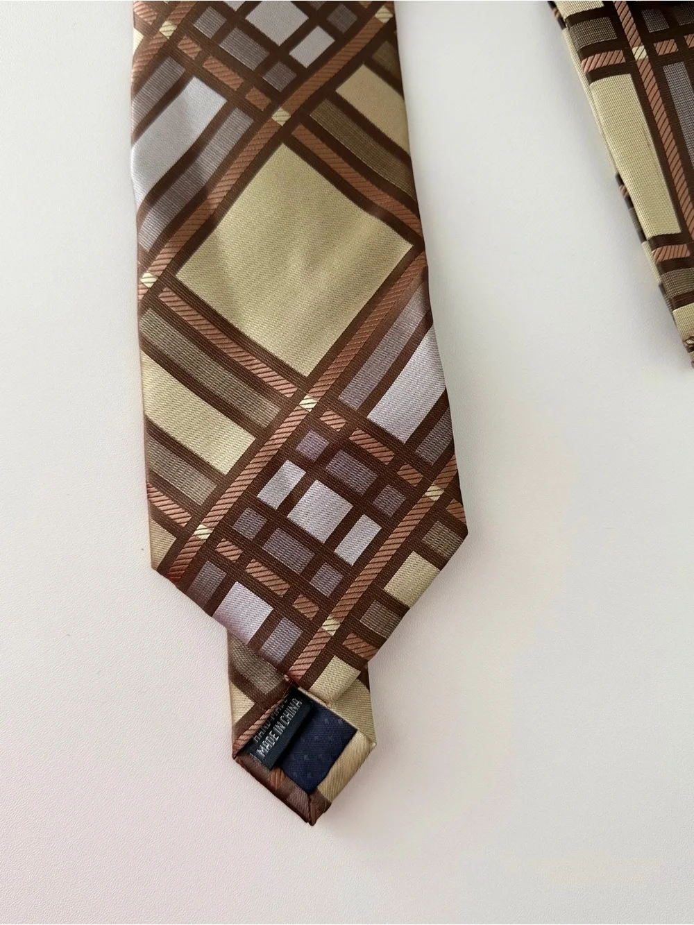 Vittorio Vico Italian Designer Silk Tie Brown Beige Geometric Plaid Made Italy